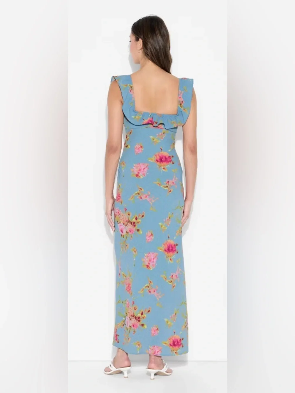 wild fable Blue Floral Maxi Dress with Ruffled Square Neck